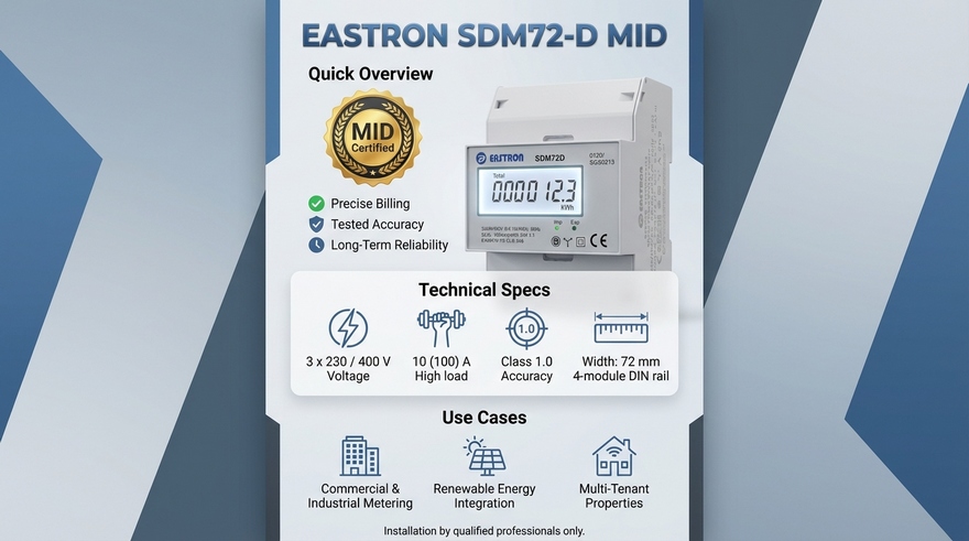 Elektroměr 3F na DIN lištu třífázový EASTRON SDM72 D, MID, digitální